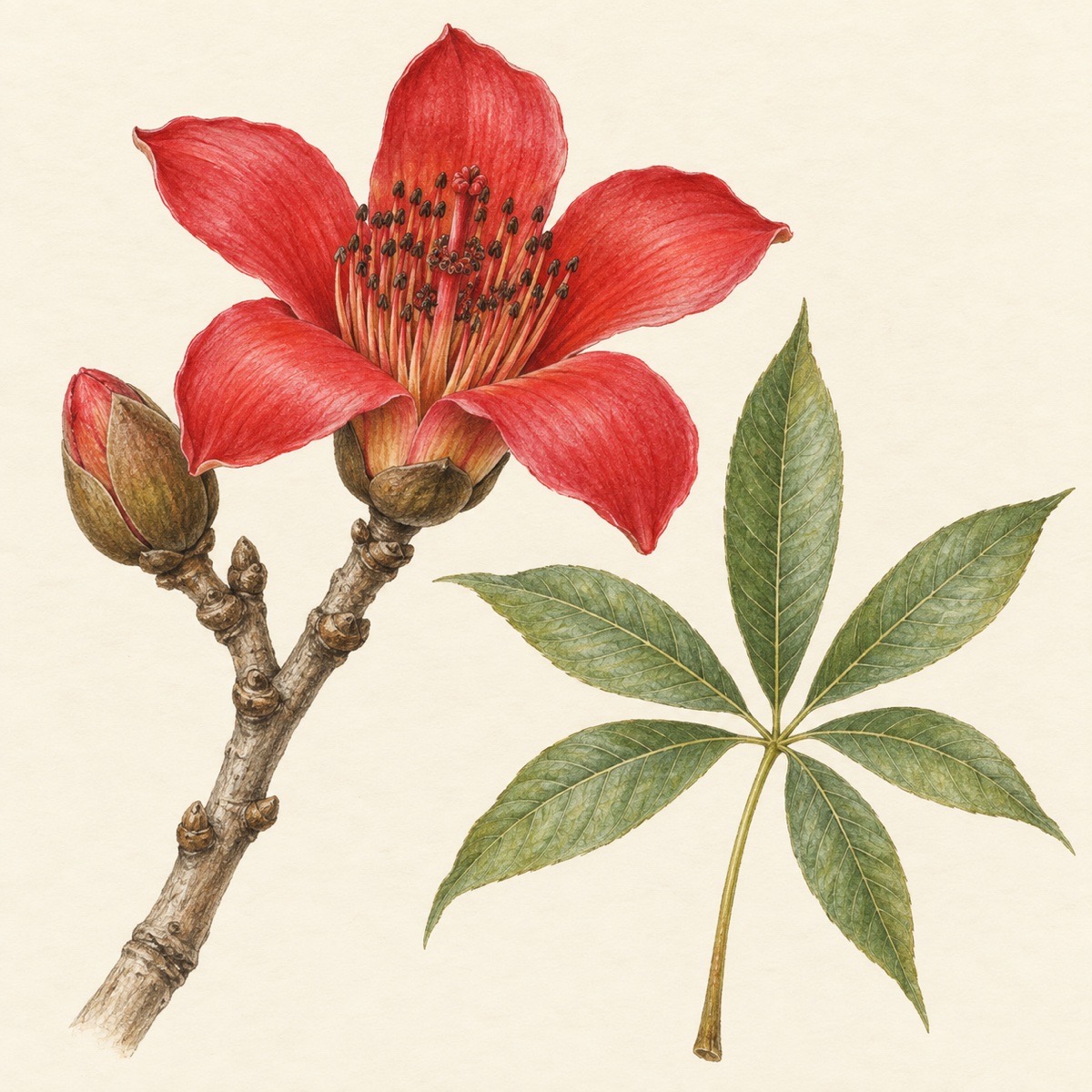 Pencil botanical study of Bombax ceiba