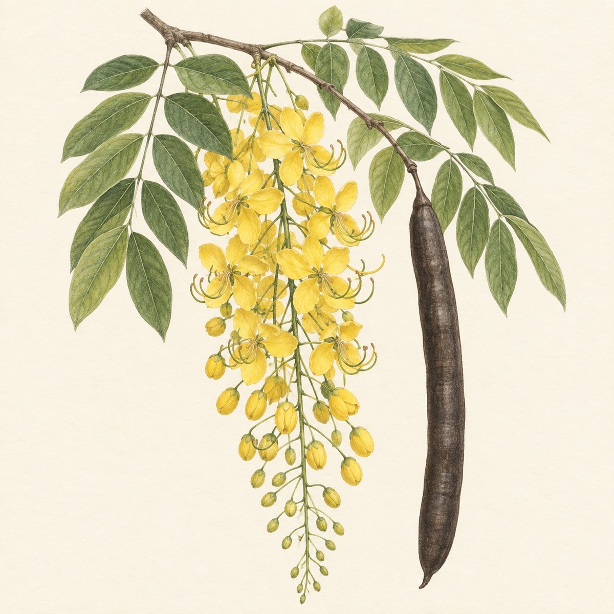 Pencil botanical study of Cassia fistula