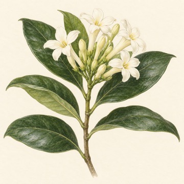 Pencil botanical study of Fagraea fragrans