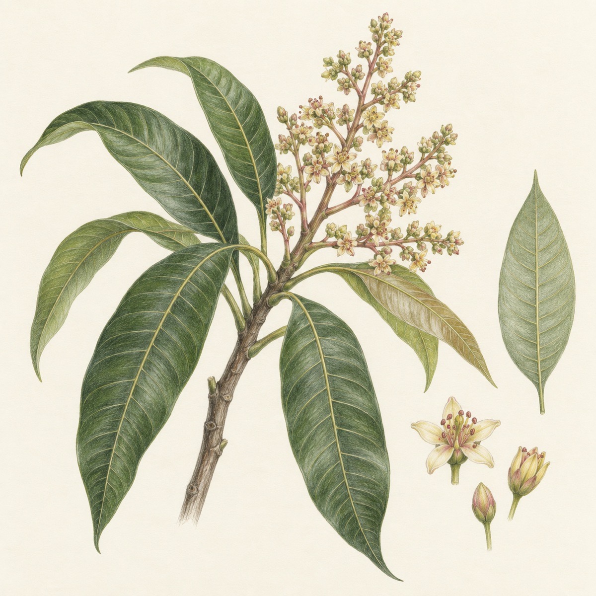 Pencil botanical study of Mangifera indica