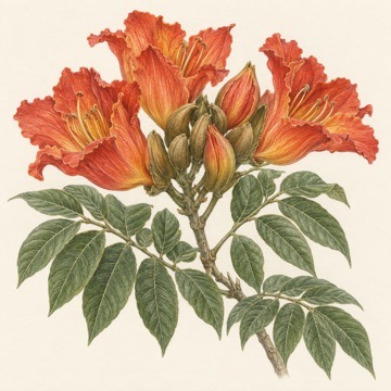 Pencil botanical study of Spathodea campanulata