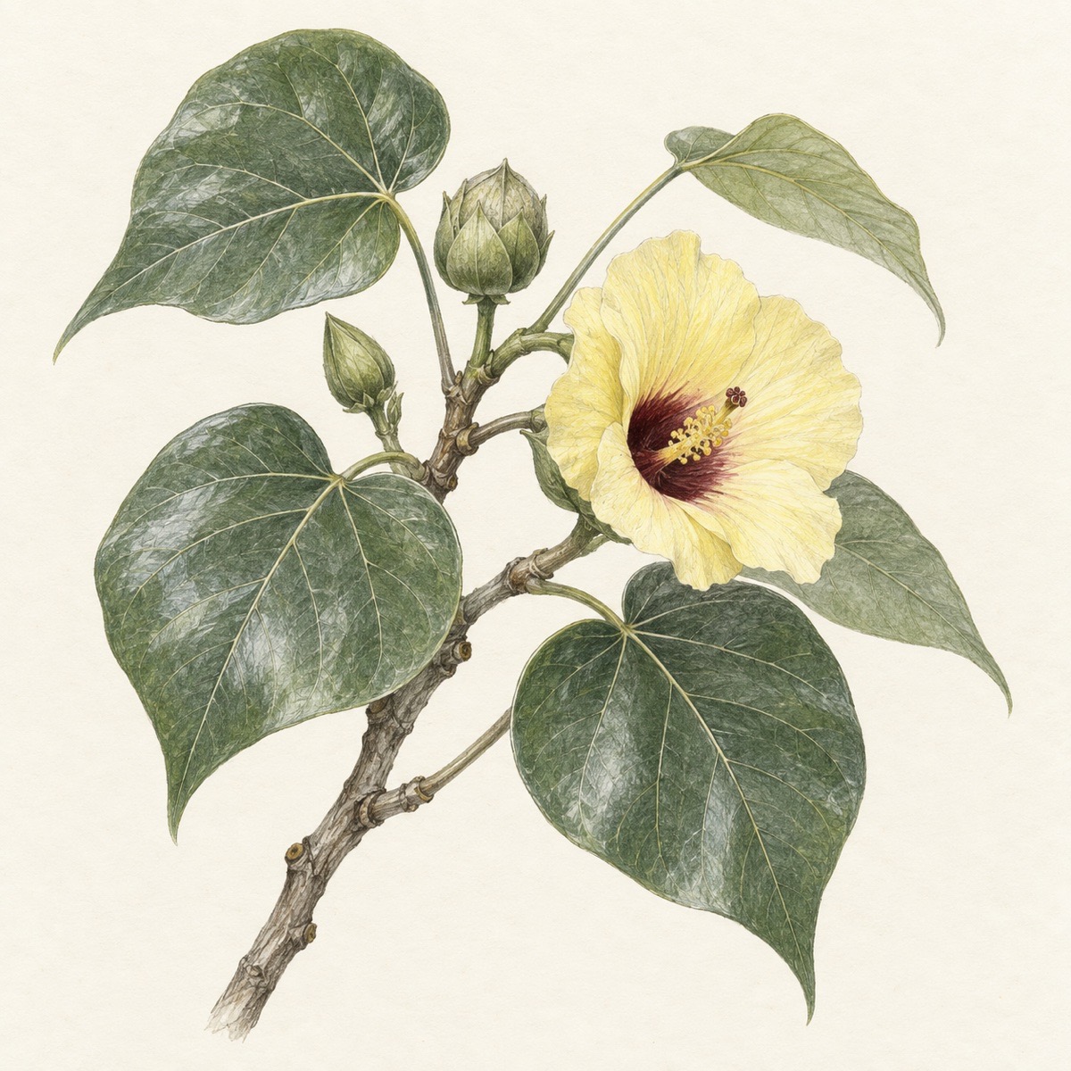 Pencil botanical study of Thespesia populnea