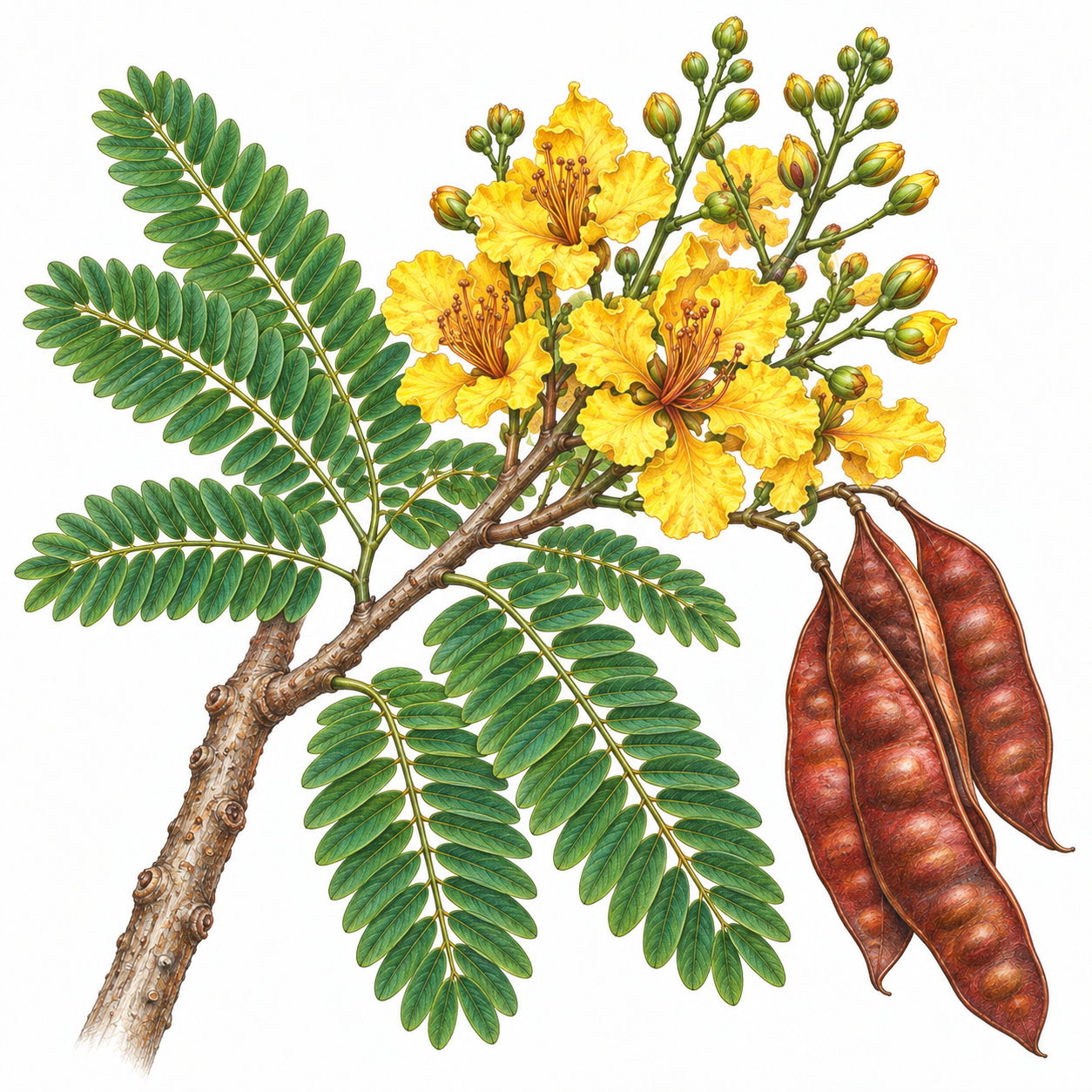 Colour-pencil concept study of Peltophorum pterocarpum foliage and yellow flowers