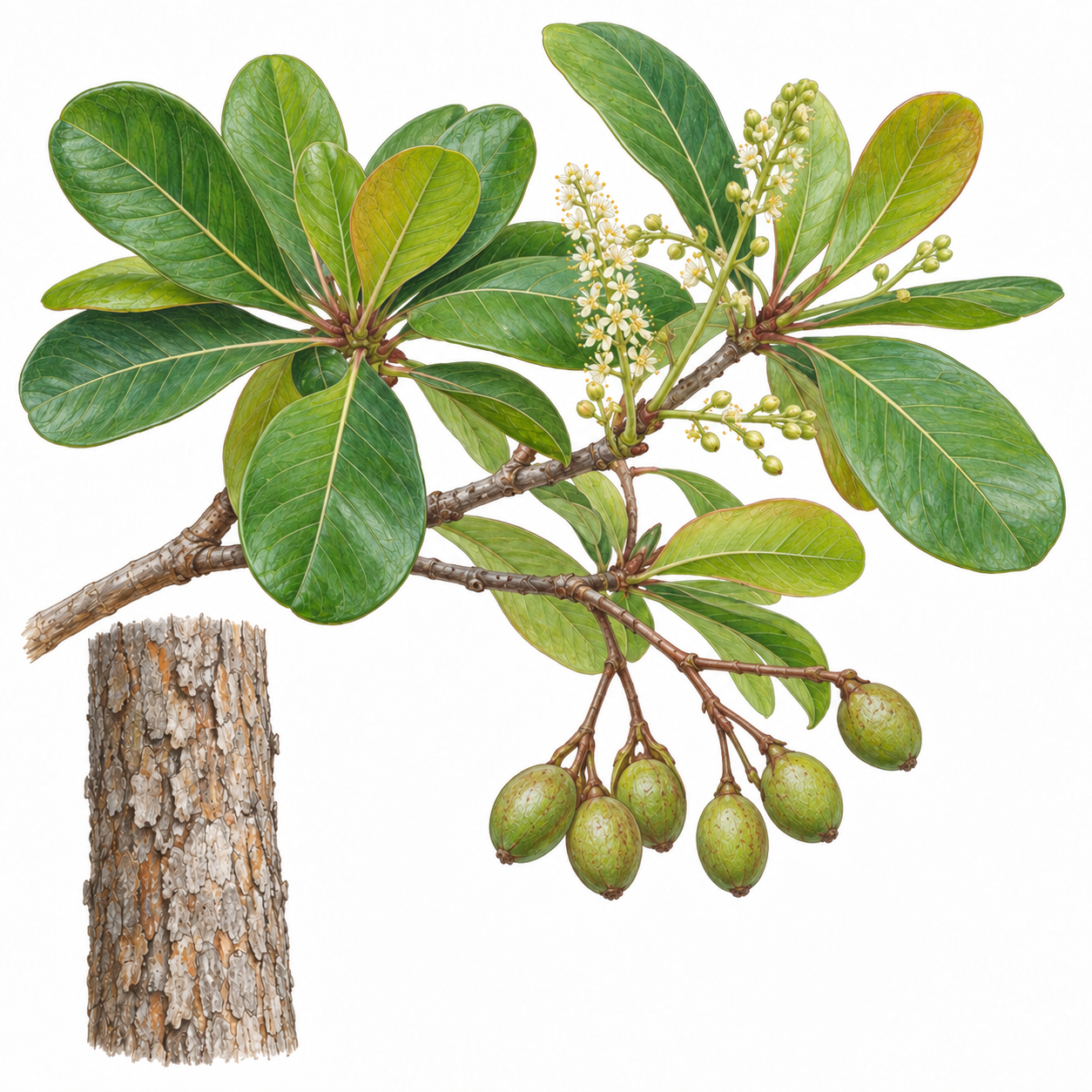 Colour-pencil concept study of Terminalia mantaly leaves, flowers and fruit